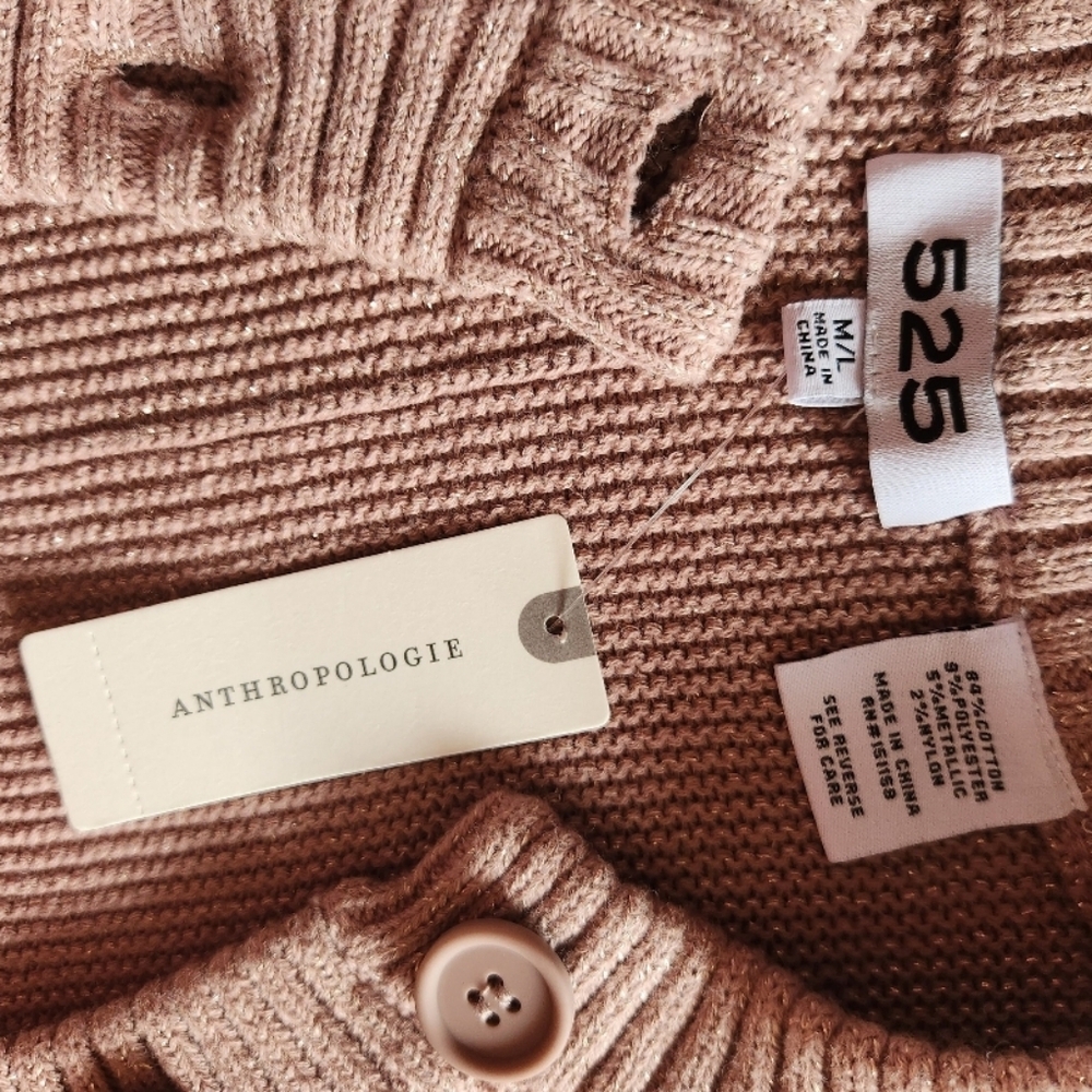 NWT❗️❤️Anthropologie 525 Cropped Pink Gold Puff Sleeve Cardigan size M❤️ - Picture 6 of 9